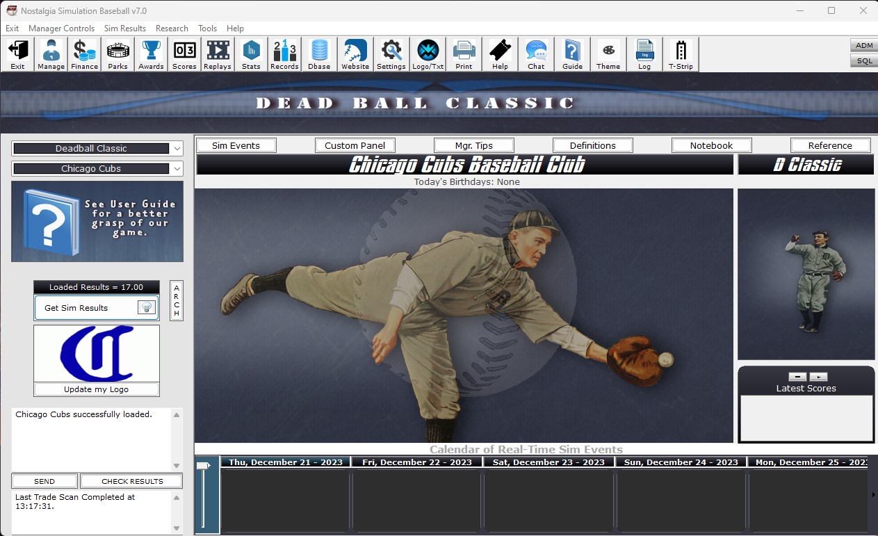 Nostalgia Sim Baseball Software - Main Screen